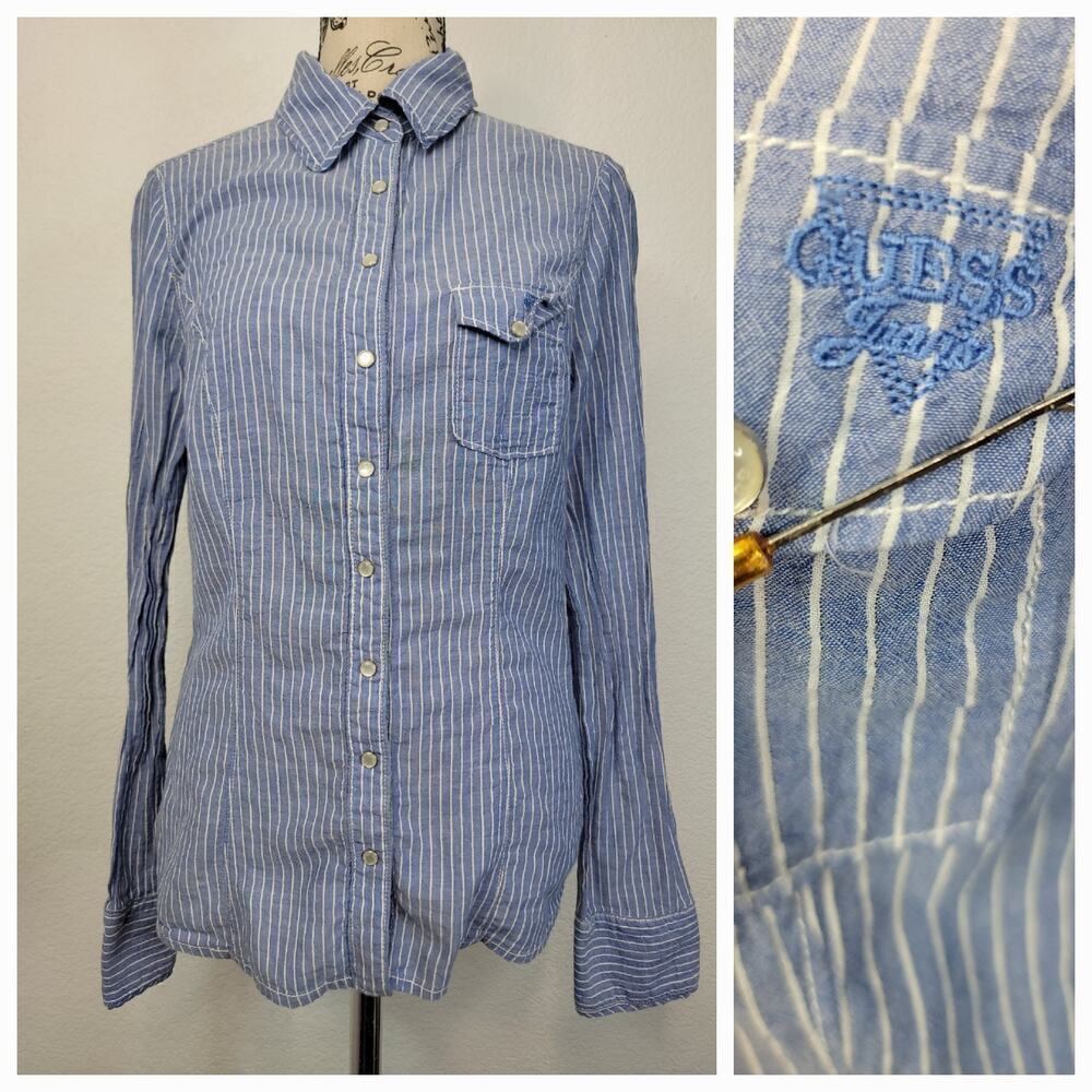 Guess Los Angeles Shirt Womens SZ M Blue White Striped Long sleeve Snap Pocket